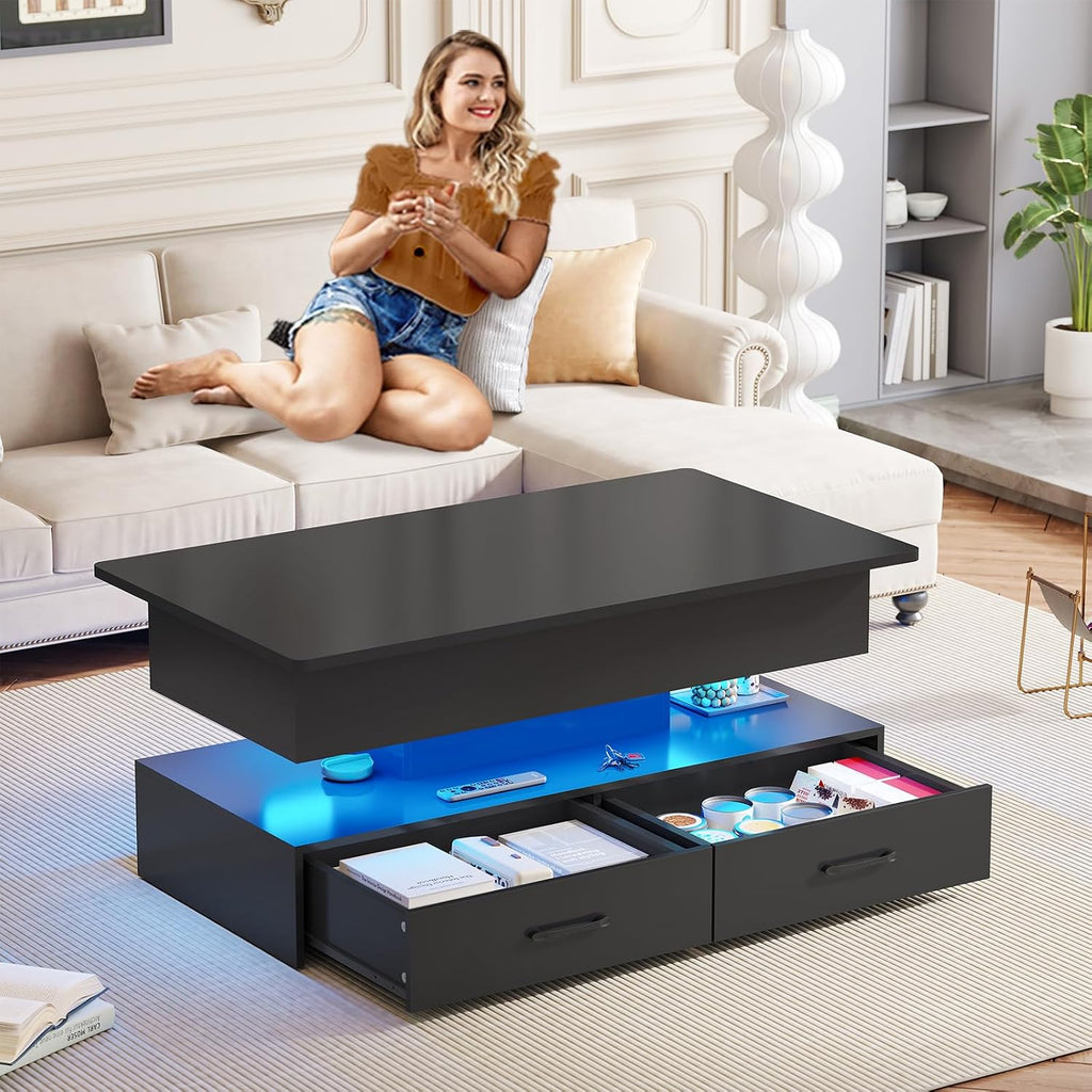 SEDETA 40' Lift Top Coffee Table, Coffee Tables with Storage for Living Room, Small Coffee Table with 2 Drawers & LED Light for Dining Reception Room, Black