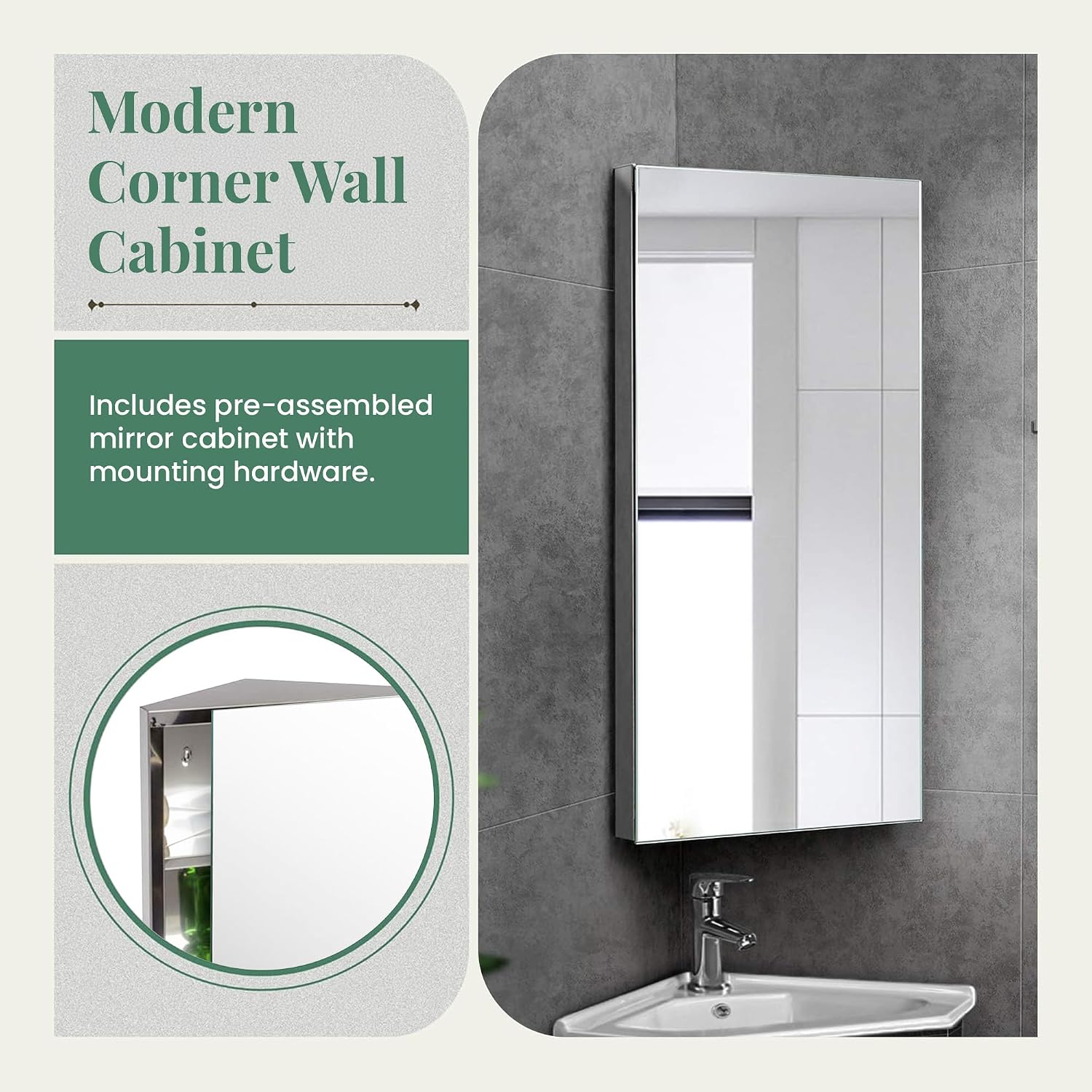 Renovators Supply Infinity Corner Medicine Cabinet with Mirror - Triple Shelf Storage Cabinet - Modern Wall Mount Medicine Cabinet - 31.5 in., Left Open, Brushed Stainless Steel, Pack of 1
