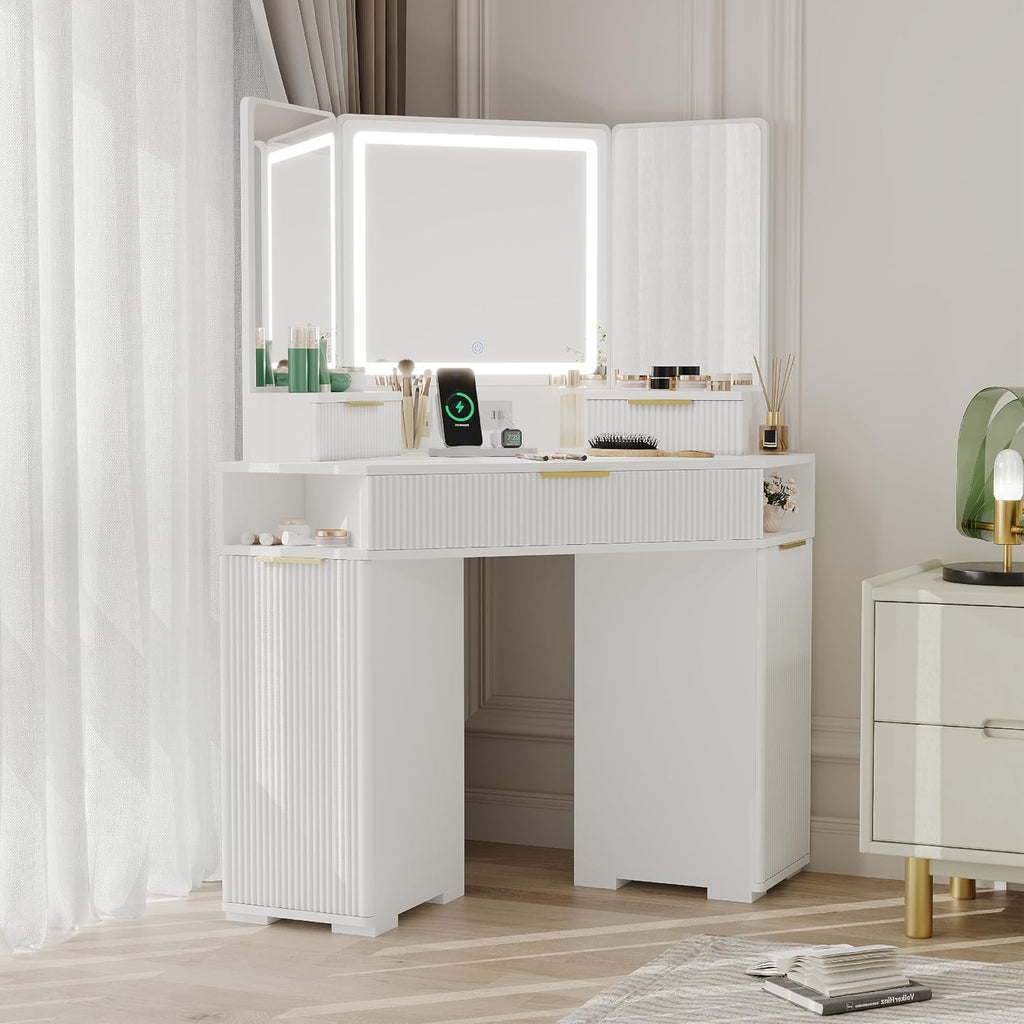 Corner Vanity Desk, Vanity Table with Lighted Mirror, Fluted Makeup Desk with Drawers and Cabinets, Corner Dressing Table with Charging Station for Bedroom, White