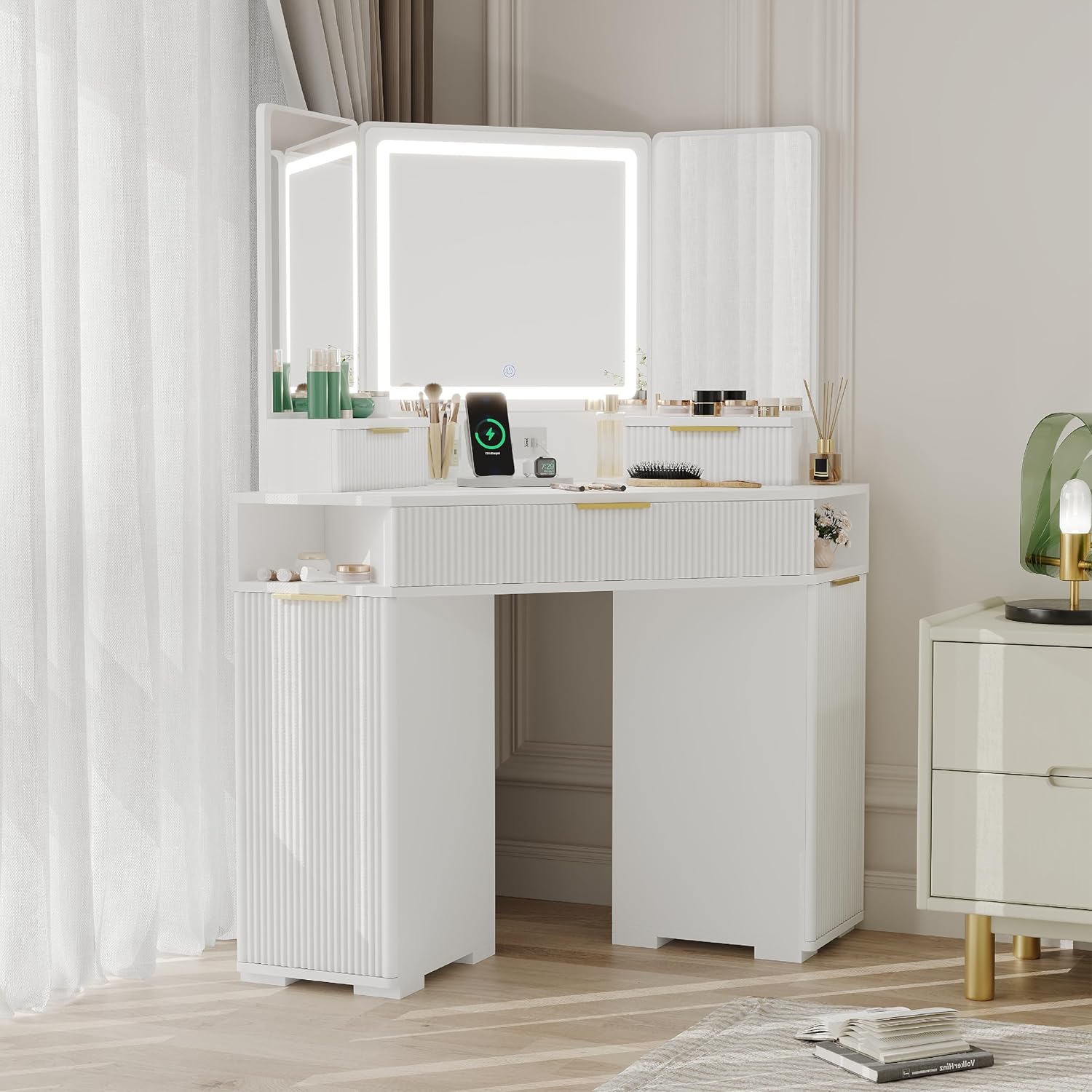 Corner Vanity Desk, Vanity Table with Lighted Mirror, Fluted Makeup Desk with Drawers and Cabinets, Corner Dressing Table with Charging Station for Bedroom, White