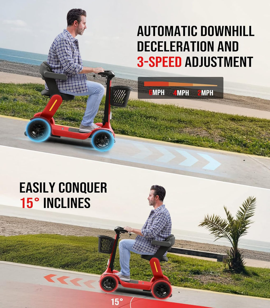 Glashow S3 Foldable Mobility Scooter for Seniors and Adults – 4-Wheel Lightweight Electric Scooter, 25-Mile Range, 6 mph Max Speed, 265 lb Capacity, PAI Safety System for Outdoor Travel- Red