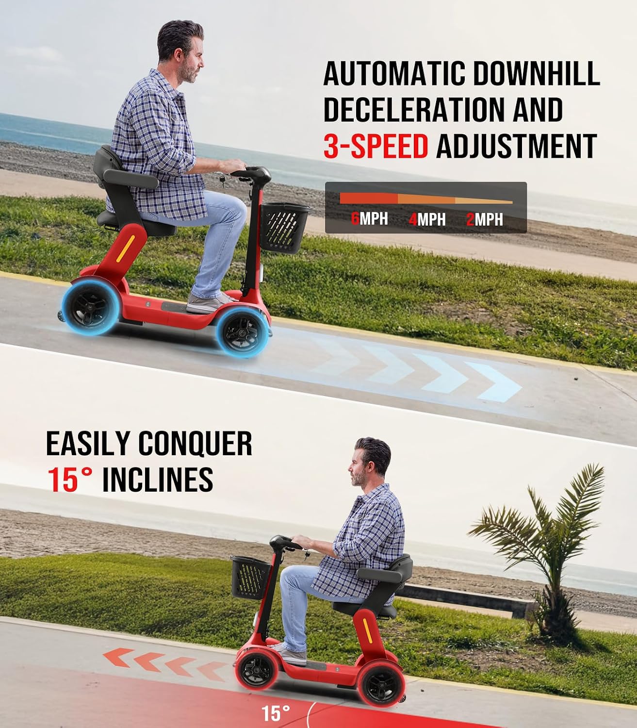 Glashow S3 Foldable Mobility Scooter for Seniors and Adults – 4-Wheel Lightweight Electric Scooter, 25-Mile Range, 6 mph Max Speed, 265 lb Capacity, PAI Safety System for Outdoor Travel- Red