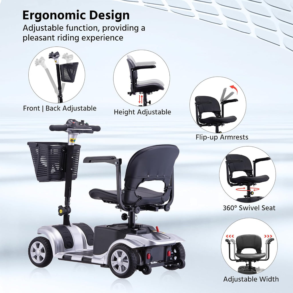 Mobility Scooters for Senior Adults, 15 Mile Electric Mobility Scooter with Detachable Battery, 4 Wheels Foldable Mobility Scooter with LED Headlights and USB Charging Port, 300 lbs Capacity (Silver)