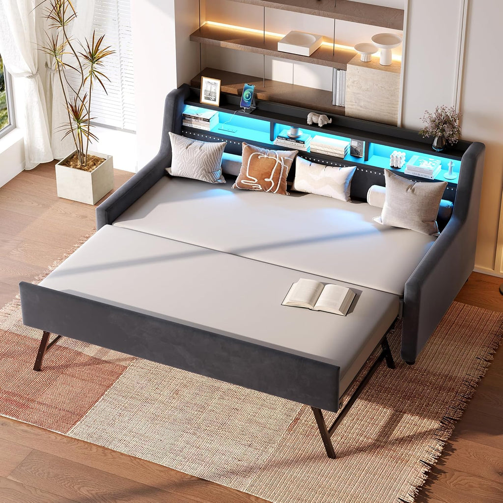 Twin Size Upholstered Daybed with Pop Up Trundle Bed, Storage Shelves, LED Light and Charging Station, Modern Velvet Corner Sofa Day Bed Frame for Bedroom, Living Room, Dark Grey