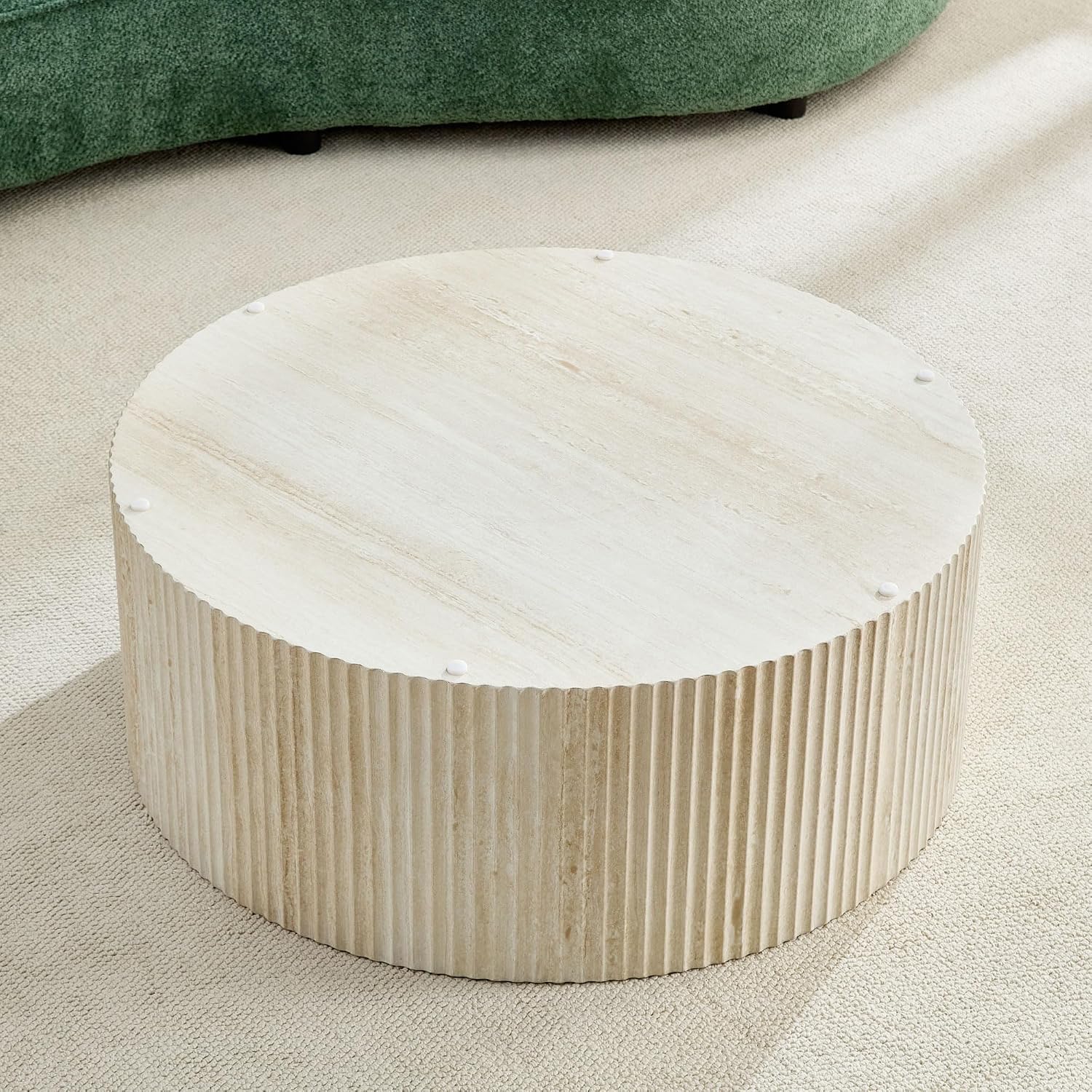 WILLIAMSPACE 35.43' Round Coffee Table with Eye-Catching Relief Design, Modern Luxury Faux Travertine Center Table Accent Side Tea Table for Living Room, No Need Assembly - Beige