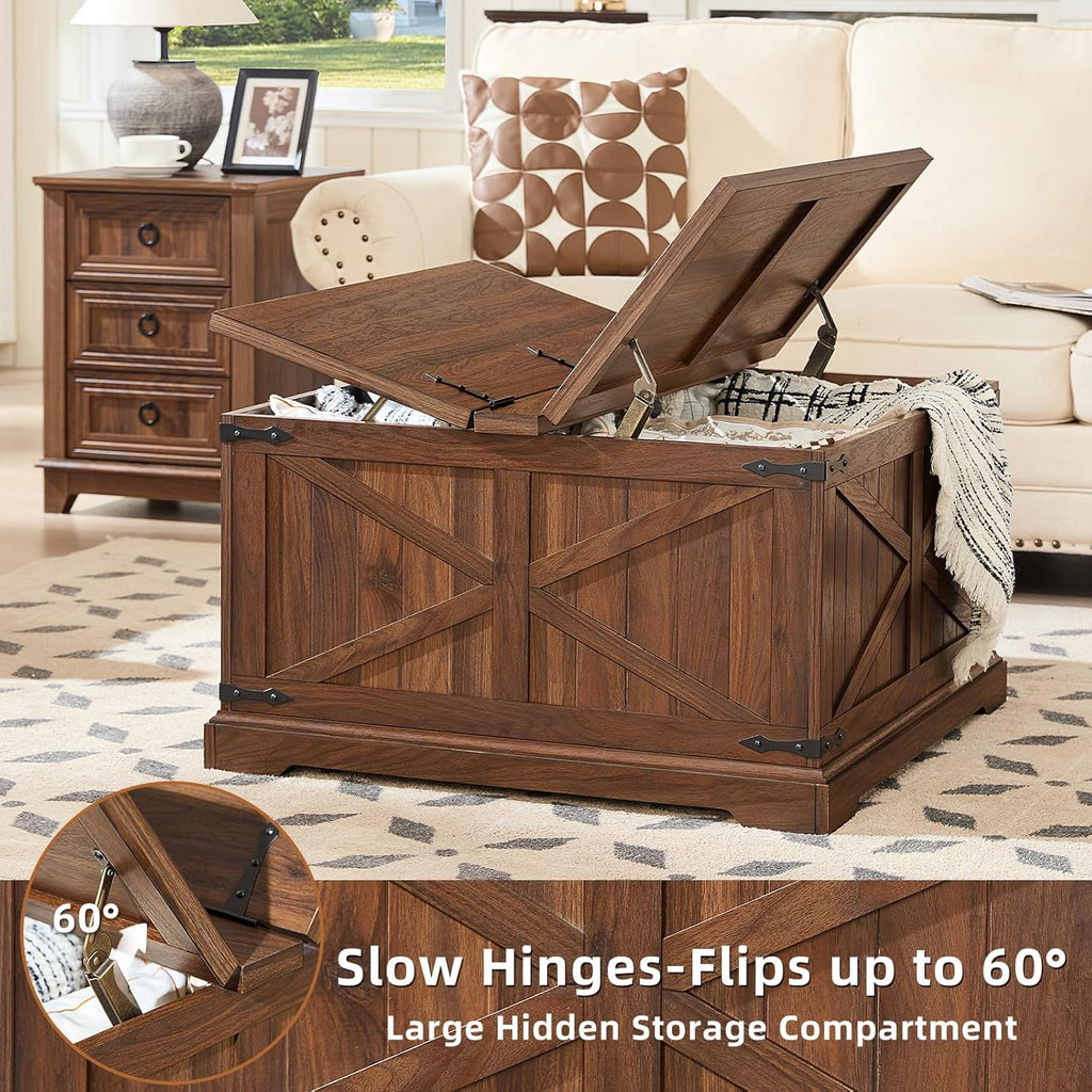 Joaxswe Farmhouse Coffee Table with Large Hidden Storage Compartment, Brown Retro Square Center Table, Wood Rustic Low Modern Living Room Tables with Hinged Lift Brown Top & Wooden Arc Base