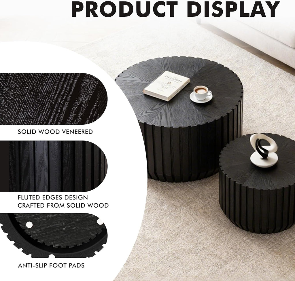 Black Round Nesting Tables for Living Room, Set of 2, Nesting Coffee Table Wooden Fluted Coffee Table, Modern Small Circle Center Tabel End Side Table for Farmhouse Apartment Office