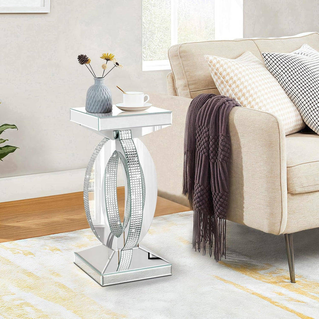 Silver Mirrored End Table with Crystal Inlay, Modern Side Accent Table, Small Mirrored Coffee Table for Living Room, Bedroom 12'x12'x24'