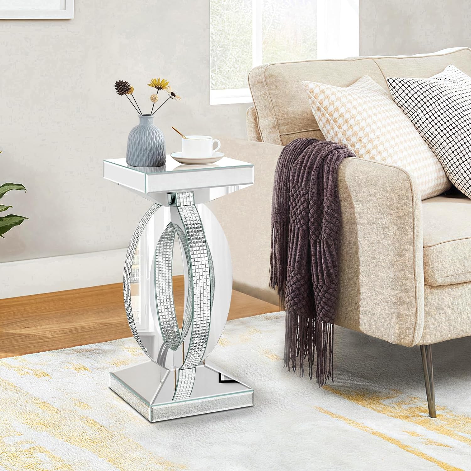 Silver Mirrored End Table with Crystal Inlay, Modern Side Accent Table, Small Mirrored Coffee Table for Living Room, Bedroom 12'x12'x24'
