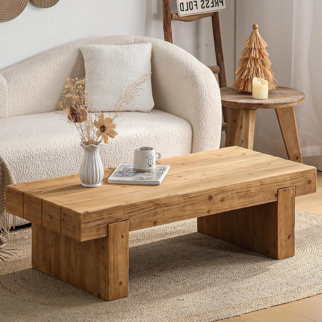 47.6' Coffee Table for Living Room, Mid-Century Modern Solid Wood Coffee Table with Sturdy Base, Farmhouse Rectangle Accent Center Tea Tables for Living Room Apartment, Easy Assembly