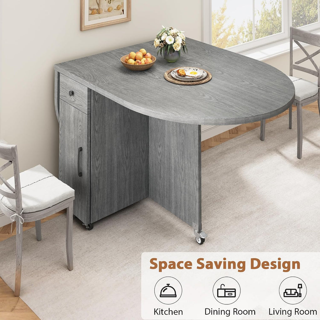 Jocoevol Round Folding Dining Table for 4, Space Saving Drop Leaf Kitchen Table with Storage Drawer, 6 Wheels Oval Gateleg Foldable Dining Table for Small Spaces (Grey, 47' x 23.6' x 30')