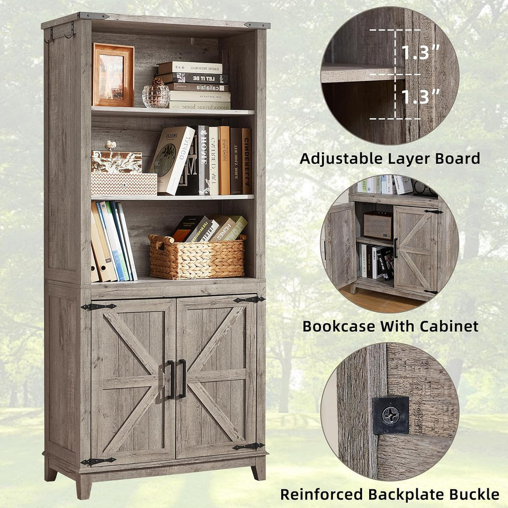 Joaxswe 70in Tall Bookshelf 5 Tier Bookcase with Barn Doors and Adjustable Shelves, Grey Farmhouse Book Shelf with Storage Cabinet, Wood Freestanding Display Bookshelves for Bedroom, Kitchen (2 PCS)