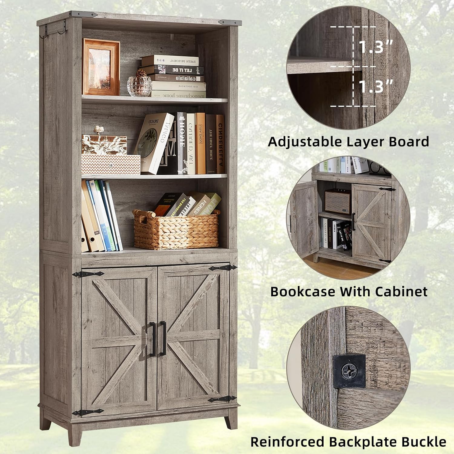 Joaxswe 70in Tall Bookshelf 5 Tier Bookcase with Barn Doors and Adjustable Shelves, Grey Farmhouse Book Shelf with Storage Cabinet, Wood Freestanding Display Bookshelves for Bedroom, Kitchen (2 PCS)