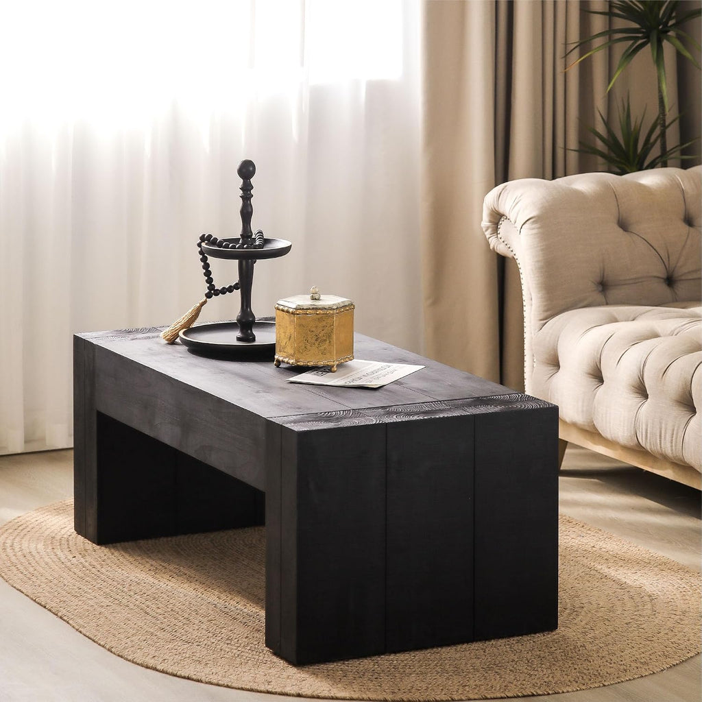 SSLine Rustic Wood Coffee Table Farmhouse 49.4' Rectangular Cocktail Center Table for Living Room Thicken Fir Wood Table Top (Black Wood Grain)