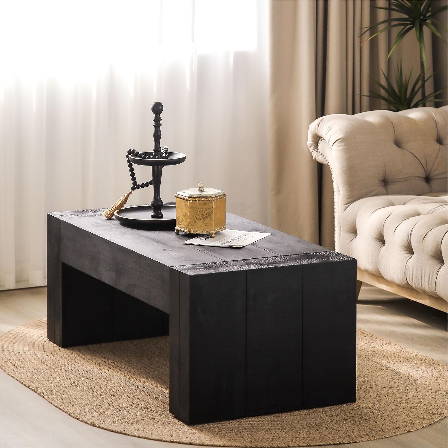 SSLine Rustic Wood Coffee Table Farmhouse 49.4' Rectangular Cocktail Center Table for Living Room Thicken Fir Wood Table Top (Black Wood Grain)