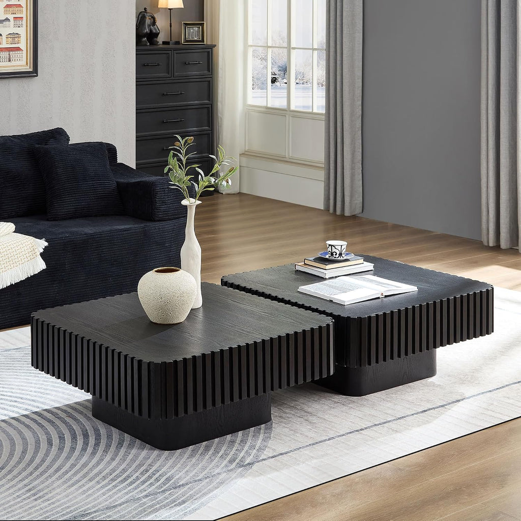 JUSTONE 35-inch Mid-Century Modern Drum Coffee Table, Handcrafted Wood Round Center Table for Living Room, Home Office, Black