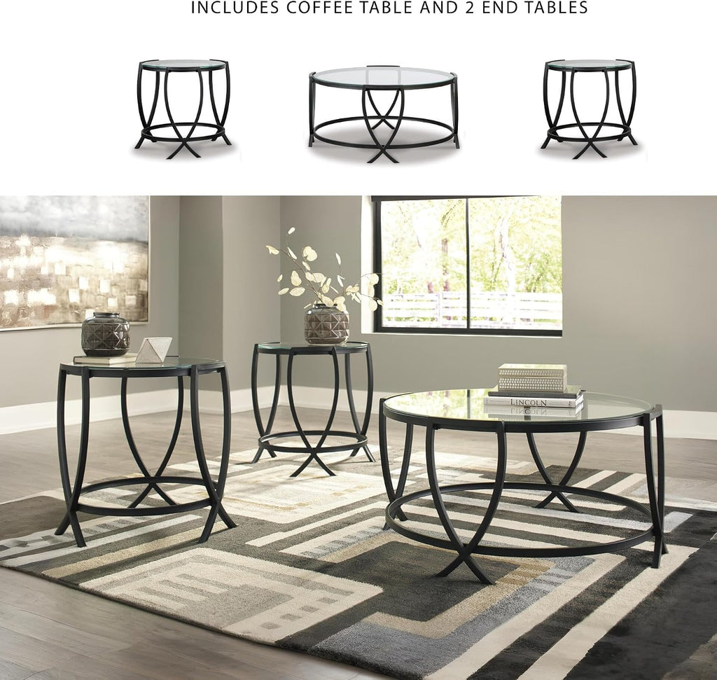 Signature Design by Ashley Tarrin Contemporary Glass Top Round 3-Piece Table Set, Includes Coffee Table and 2 End Tables, Black