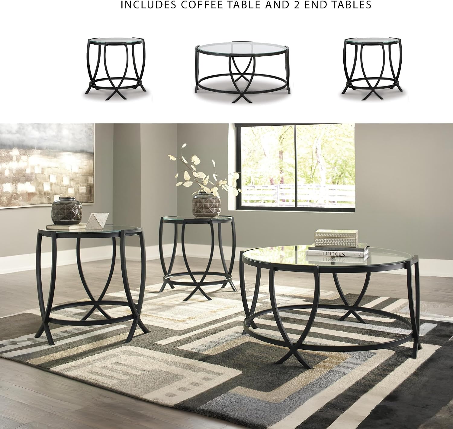 Signature Design by Ashley Tarrin Contemporary Glass Top Round 3-Piece Table Set, Includes Coffee Table and 2 End Tables, Black