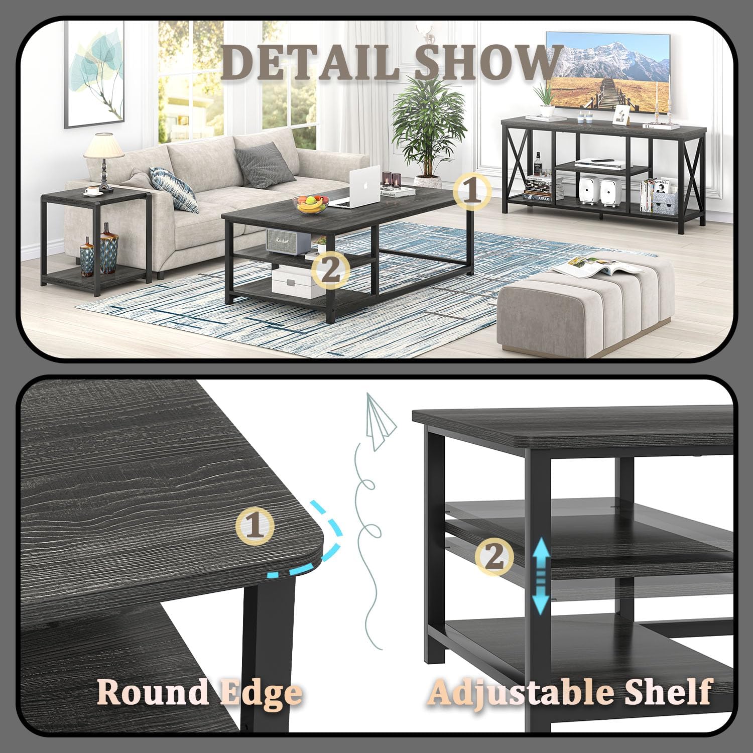 EXCEFUR Coffee Table, Rustic Wood and Metal Living Room Table with Adjustable Storage Shelf, Dark Grey, 47 Inch