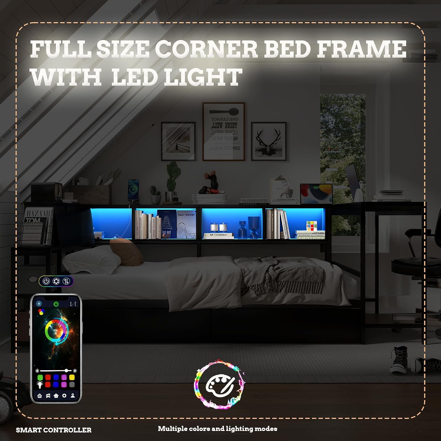 Full Corner Bed with Desk and 6 Bookcase, Full Corner Daybed with Storage Drawers, LED Light and Charging Station, Metal Full Size Corner Bed Frame for Living Room Bedroom Guest Room, Black