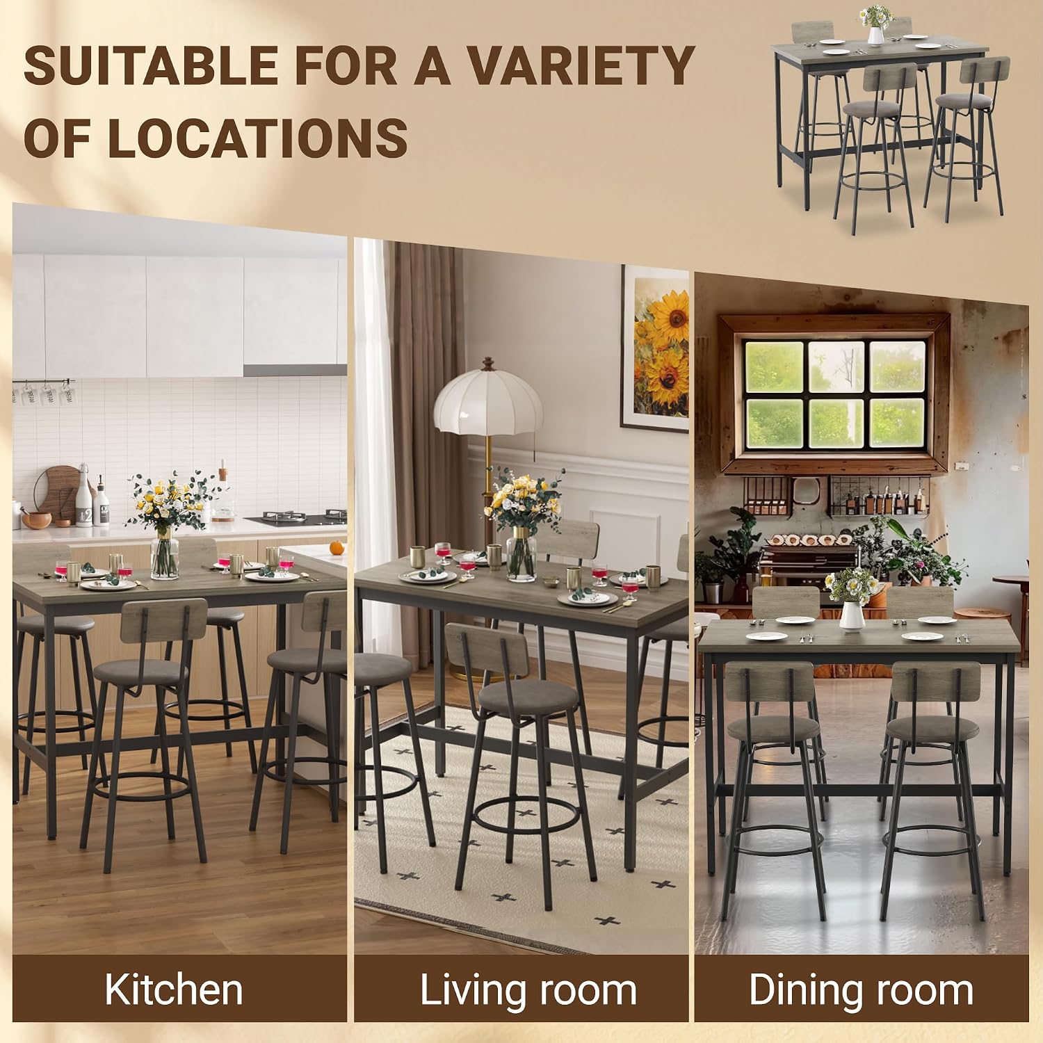 Elevon 47 in Long Bar Table Set with 4 PU Leather Bar Stools, Dining Table and Chair Sets, Industrial Tall Coffee Table and Back Chair for Kitchen, Living Room, Party Room, Pub, Rustic Gray