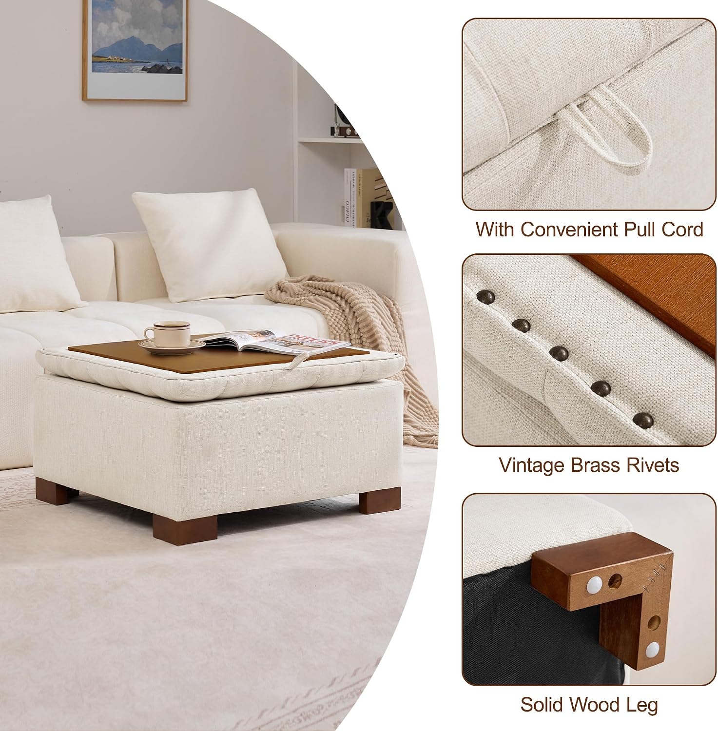 WUTUTUEE 30' Fabric Square Storage Ottoman with Wooden Tray, Modern Tufted Button Footstool Coffee Table, Upholstered Large Ottoman for Living Room, Bedroom, Beige