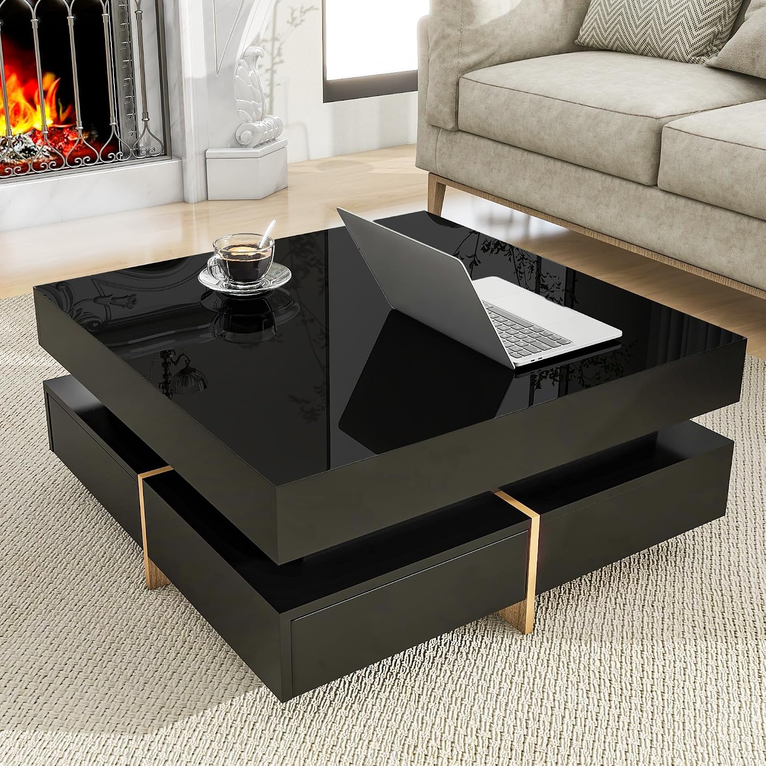 Modern Coffee Table With Storage, Contemporary Square Coffee Table With Drawers, High Gloss Modern Center Table For Living Room, Reception Room, Office, Black, 31'D X 31'W X 11'H