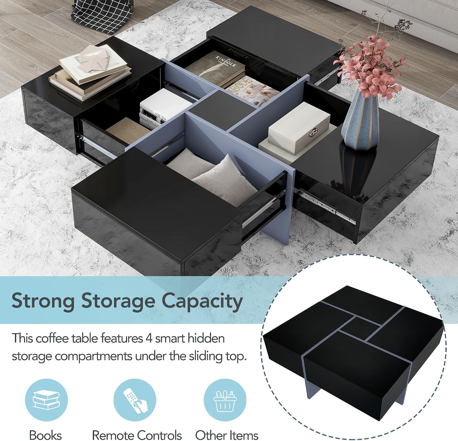 Merax Modern Square Coffee Table with 4 Hidden Storage Compartments, UV High-Gloss Design for Living Room, Black