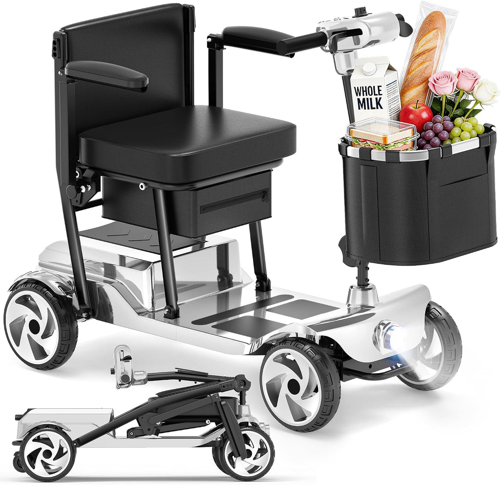 Mobility Scooters, Lightweight Electric Scooters for Seniors&Adults | 49lb Aluminum Frame with Removable Battery, Foldable Motorized Scooters for Trips, Shopping, Daily Use, Bright Silver, 10 Ah