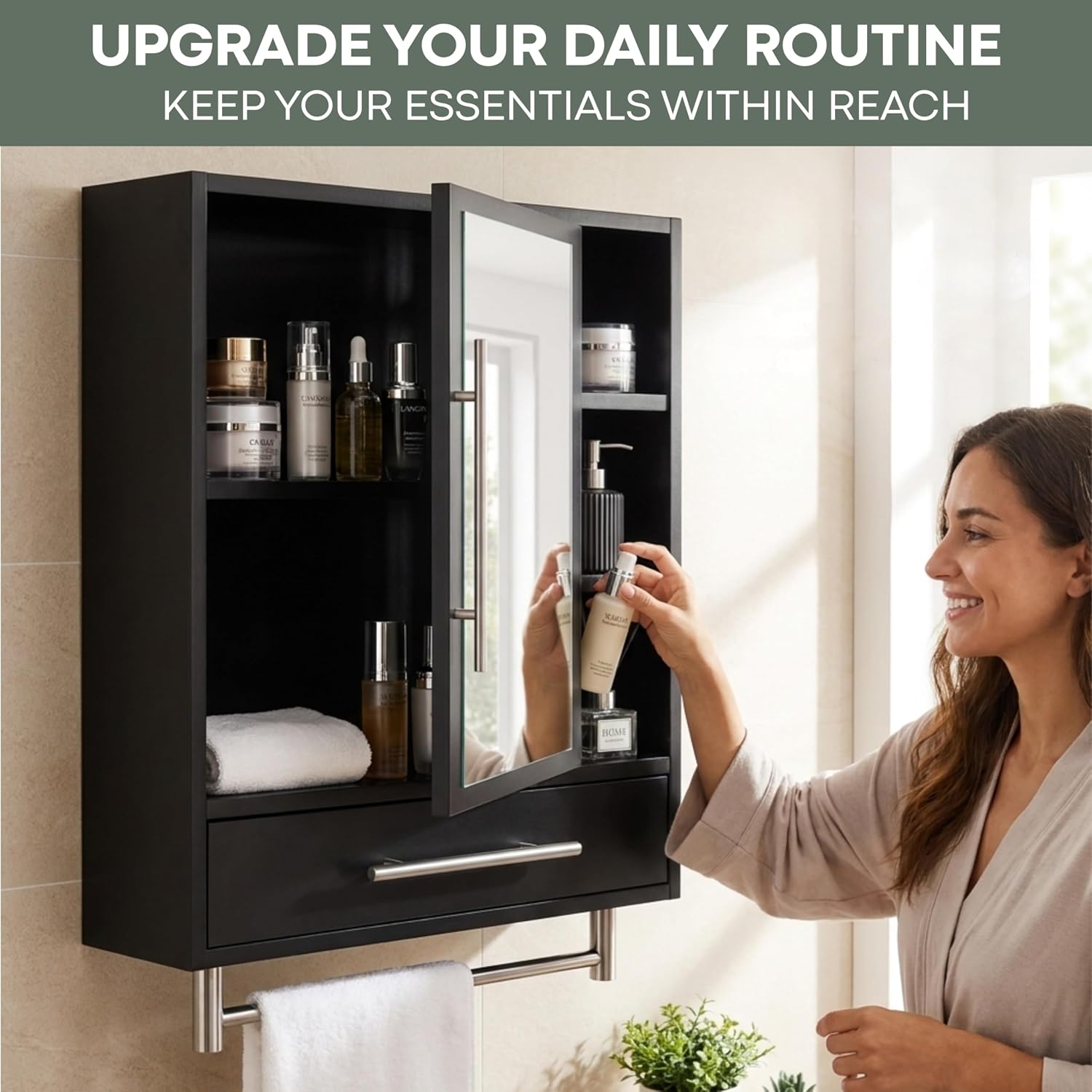 PRE-ASSEMBLED Bathroom Wall Cabinet with Mirror, READY-To-INSTALL Medicine Cabinet, Over the Toilet Storage Cabinet with Storage Shelves, Towel Bar & Hooks for Bathroom, Laundry, Living & Room Kitchen
