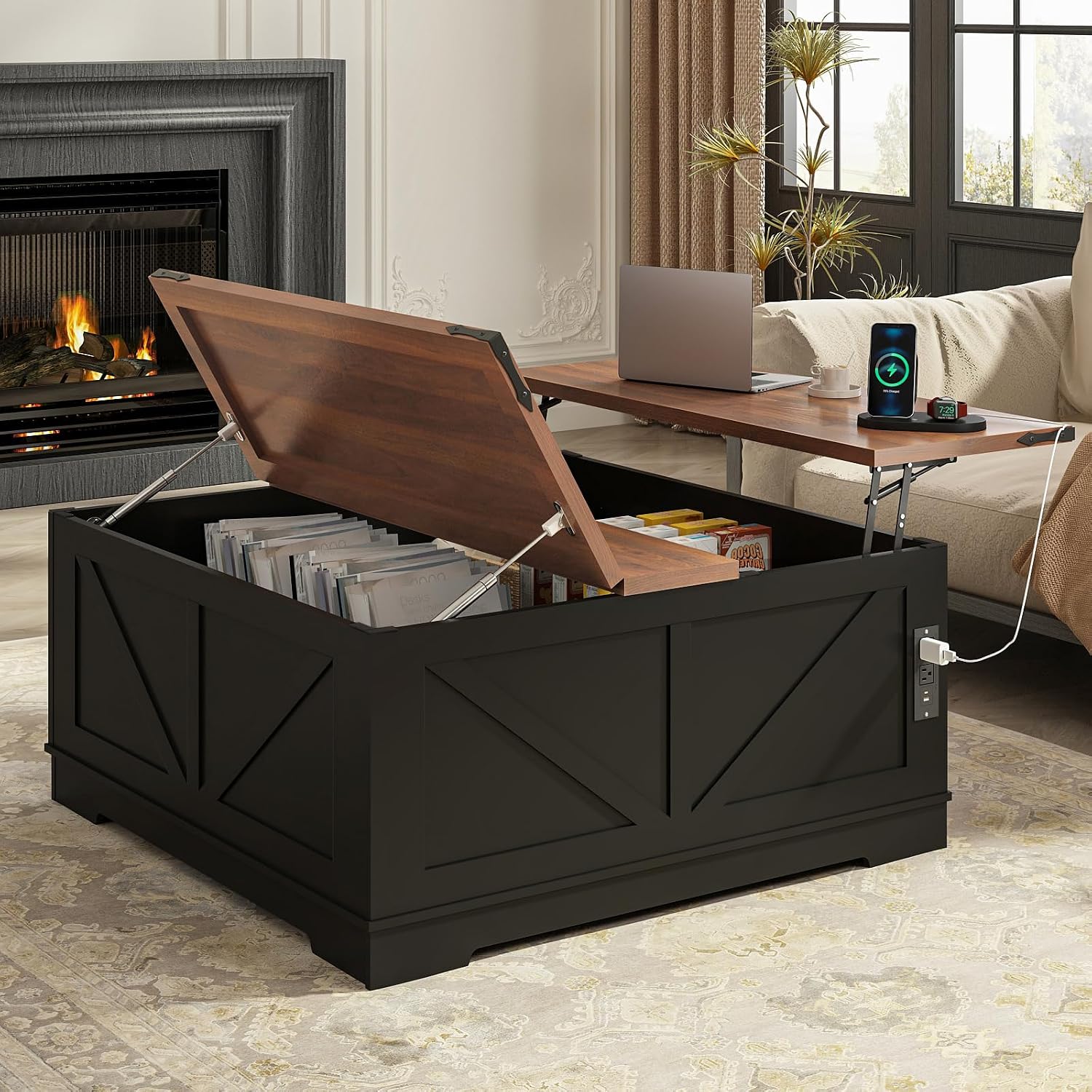 EAG 40' Large Farmhouse Lift Top Coffee Table with Hidden Compartment & Power Outlets, Square Wooden Coffee Table with Multi-Function Flip-Top Ample Storage Center Table for Living Room, Black