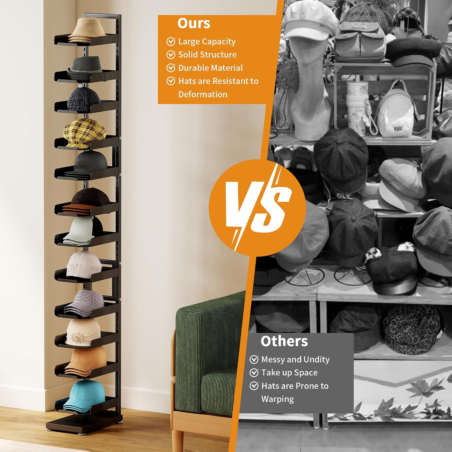 tonchean 12 Tier Floor Standing Hat Rack, 76 Inch Adjustable Hat Display Stand Holds 120+ Hats, Heavy Duty Metal Cap Organizer & Hat Holder for Home, Retail Store, Closet