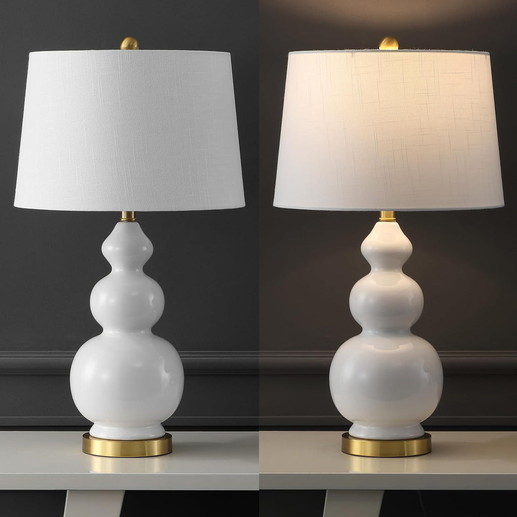 JONATHAN Y 27.5' White/Brass Gold Modern Ceramic Gourd Table Lamp for Living Room, Large Bedside Nightstand Lamp for Bedroom, White Linen Drum Shade, LED Bulb Included (JYL4023D)