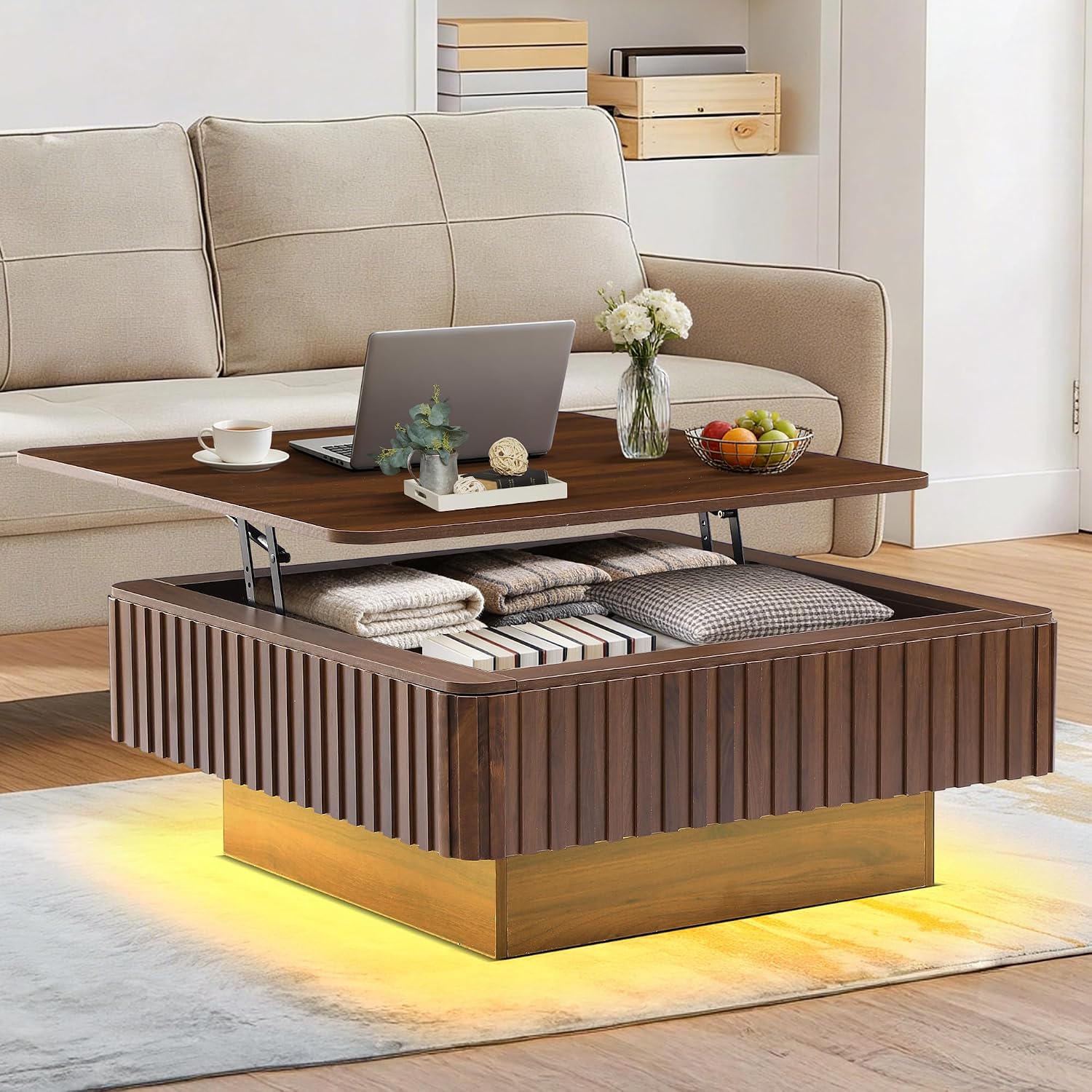 Grepatio Square Lift Top Coffee Table with Storage, 35' Fluted Coffee Table with RGB Led Lights, Wooden Center Tables with USB Power Outlet, Mid Century Table for Living Room (Square)