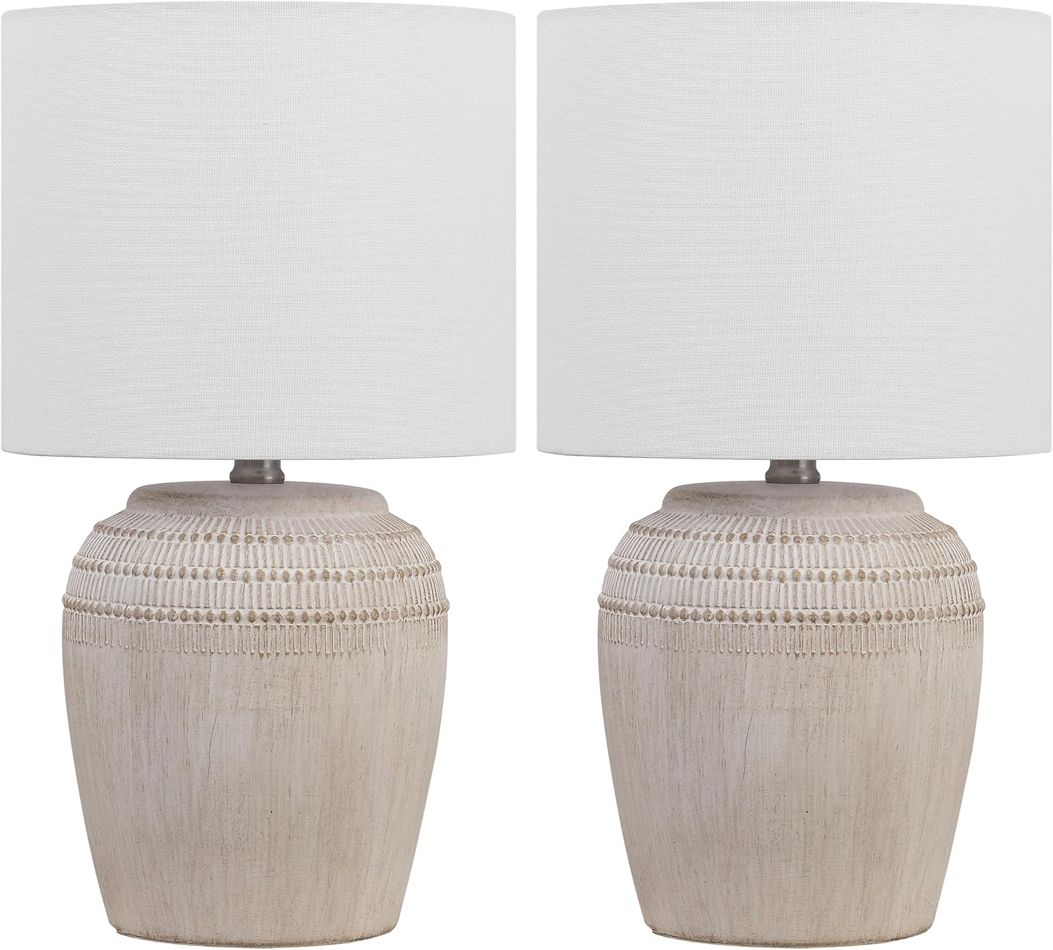 JONATHAN Y 16.75' Antique White/Nickel Ceramic Table Lamp Set of 2, Rustic Traditional Reeded Vase Lamps with White Linen Shade for Bedroom Living Room Decor (JYL5707B-SET2)
