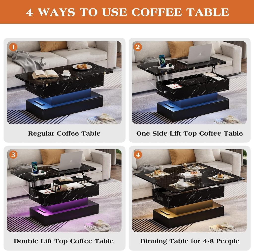 SYESWAY 39.4' Lift Top Coffee Table with Charging Station, 4-in-1 Multifunctional Coffee Table with Storage & Hidden Compartments, High-Glossy Marbling Print LED Center Table for Living Room, Black