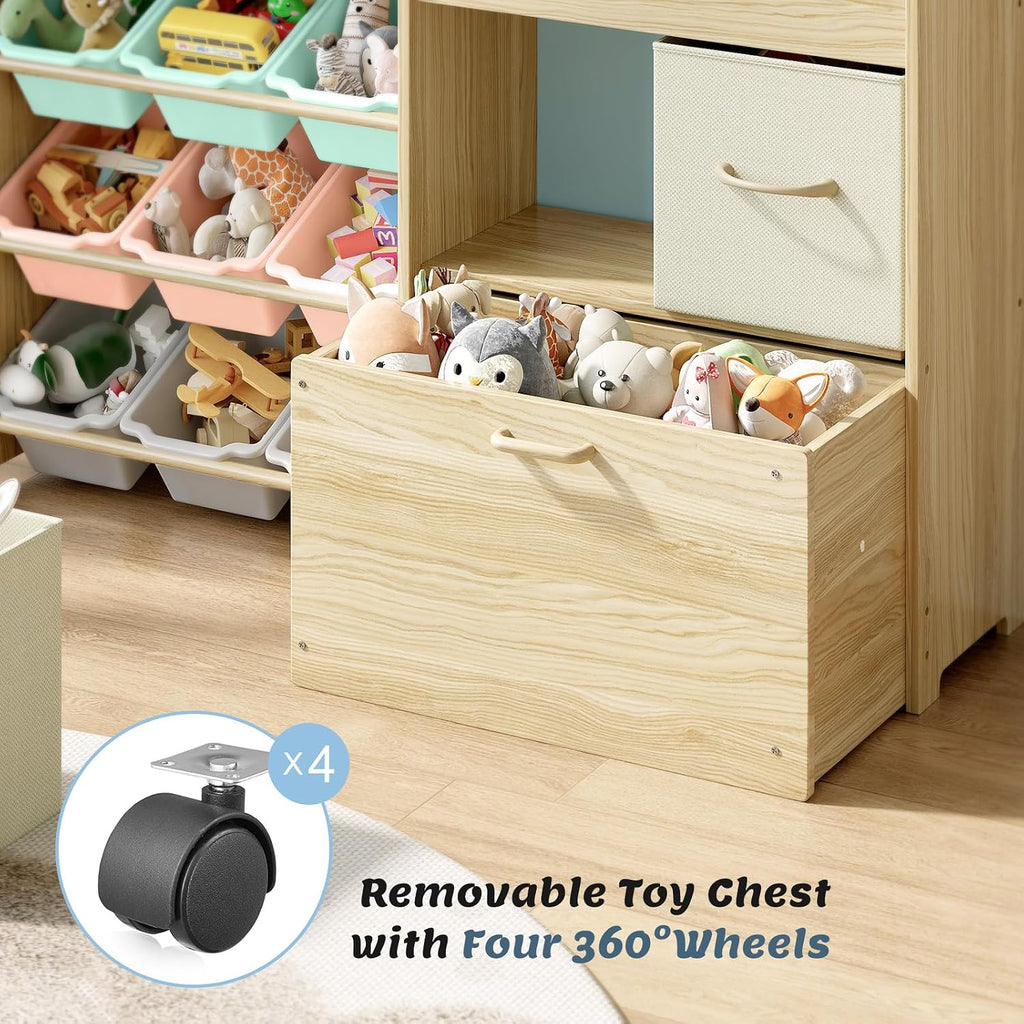 EXPERLAM Toy Storage Organizer for Kids, 9-Bin Toy Organizer with 2-Drawers,Movable Toy Chest and Top Rack, Kids Bookshelf and Toy Storage for Playroom, Bedroom, Nursery, Multi-Color