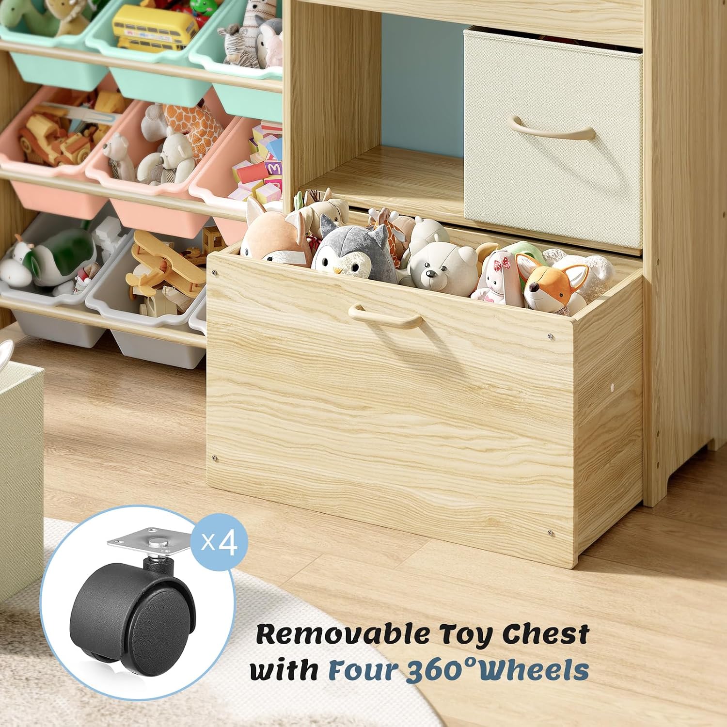 EXPERLAM Toy Storage Organizer for Kids, 9-Bin Toy Organizer with 2-Drawers,Movable Toy Chest and Top Rack, Kids Bookshelf and Toy Storage for Playroom, Bedroom, Nursery, Multi-Color