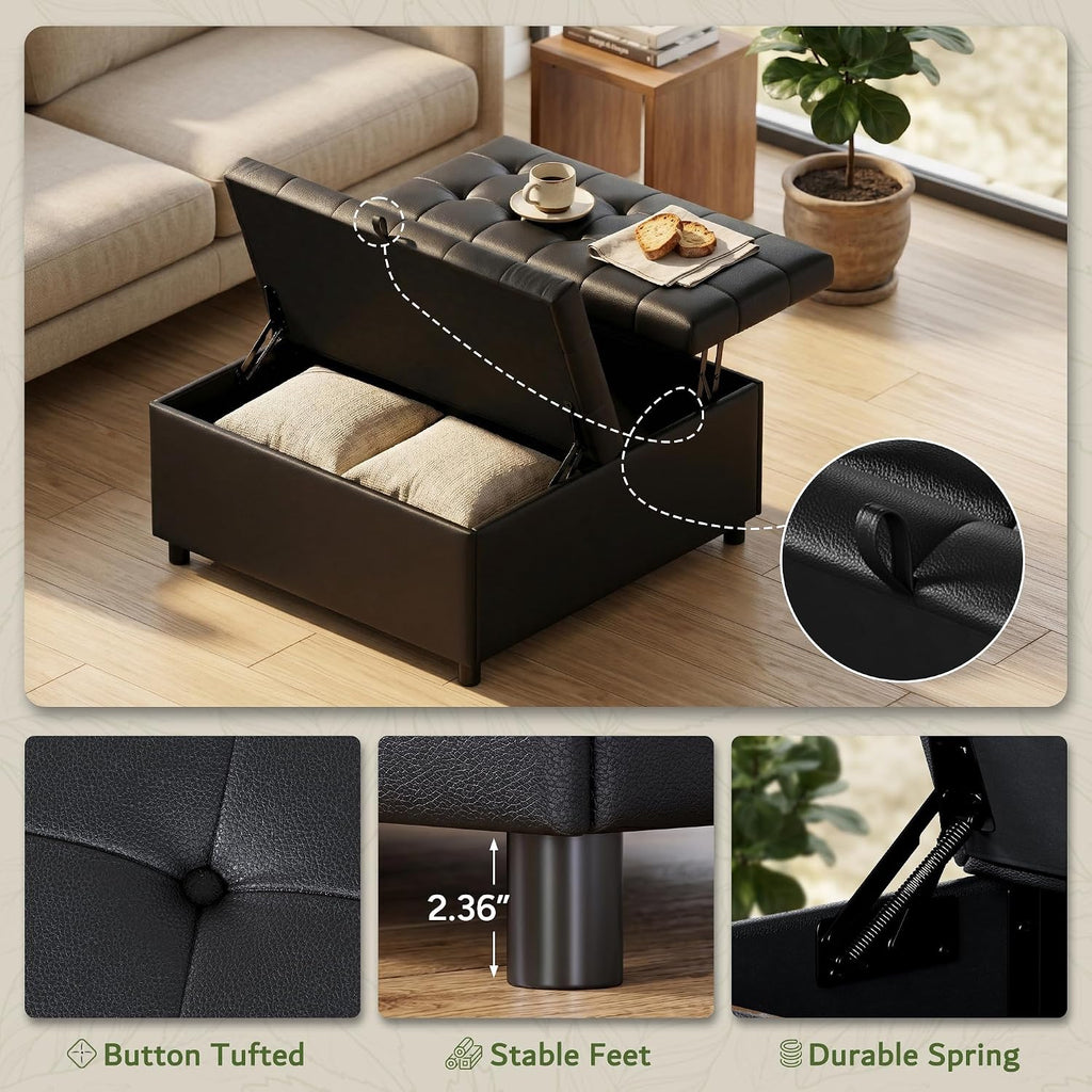 LINLUX 35.5 Inch Large Leather Storage Ottoman, Extra Large Square Lift Top Ottoman Coffee Table with Storage, Tufted Leather Ottoman Footrest Toy Box for Living Room, Black