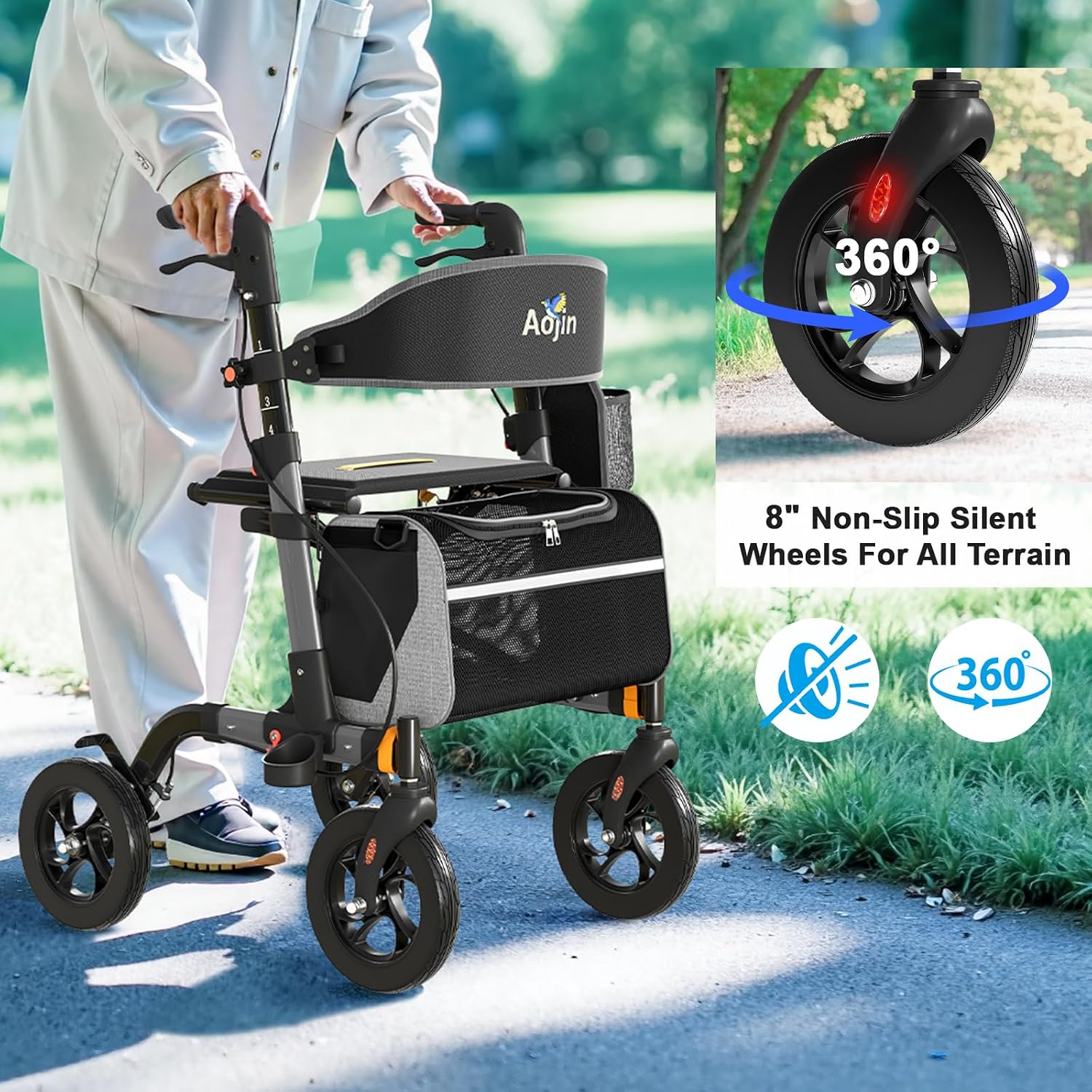 Walkers for Seniors, Rollator Walker with Seat, 350 lb Weight Capacity, 18' Big Seat, 8' All-Terrain Wheels, 6-Level Adjustable Height, Lightweight Aluminum Frame Rollator Walkers for Seniors (Gray)