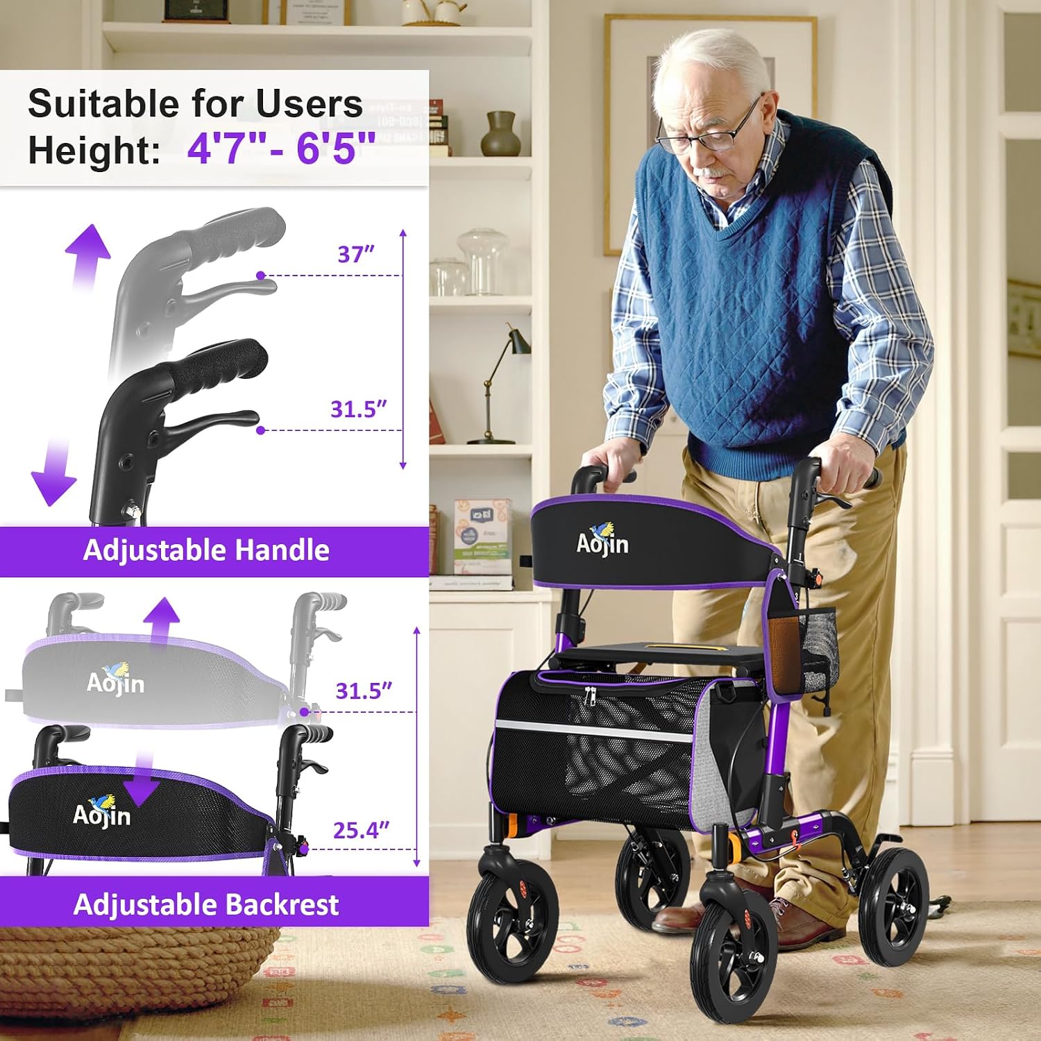 Walkers for Seniors, Rollator Walker with Seat, 350 lb Weight Capacity, 18' Big Seat, 8' All-Terrain Wheels, 6-Level Adjustable Height, Lightweight Aluminum Frame Rollator Walkers for Seniors (Purple)