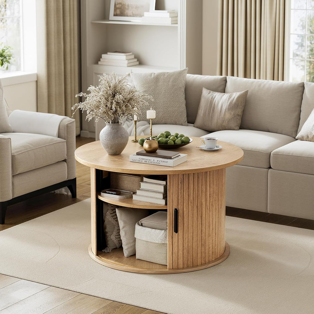 FABATO Round Lift Top Coffee Table, Fluted Wood Accent Coffee Table with Hidden Storage and Open Shelves, Drum Table with Sliding Rolling Door, Small Center Table Dining Table for Living Room, Wood
