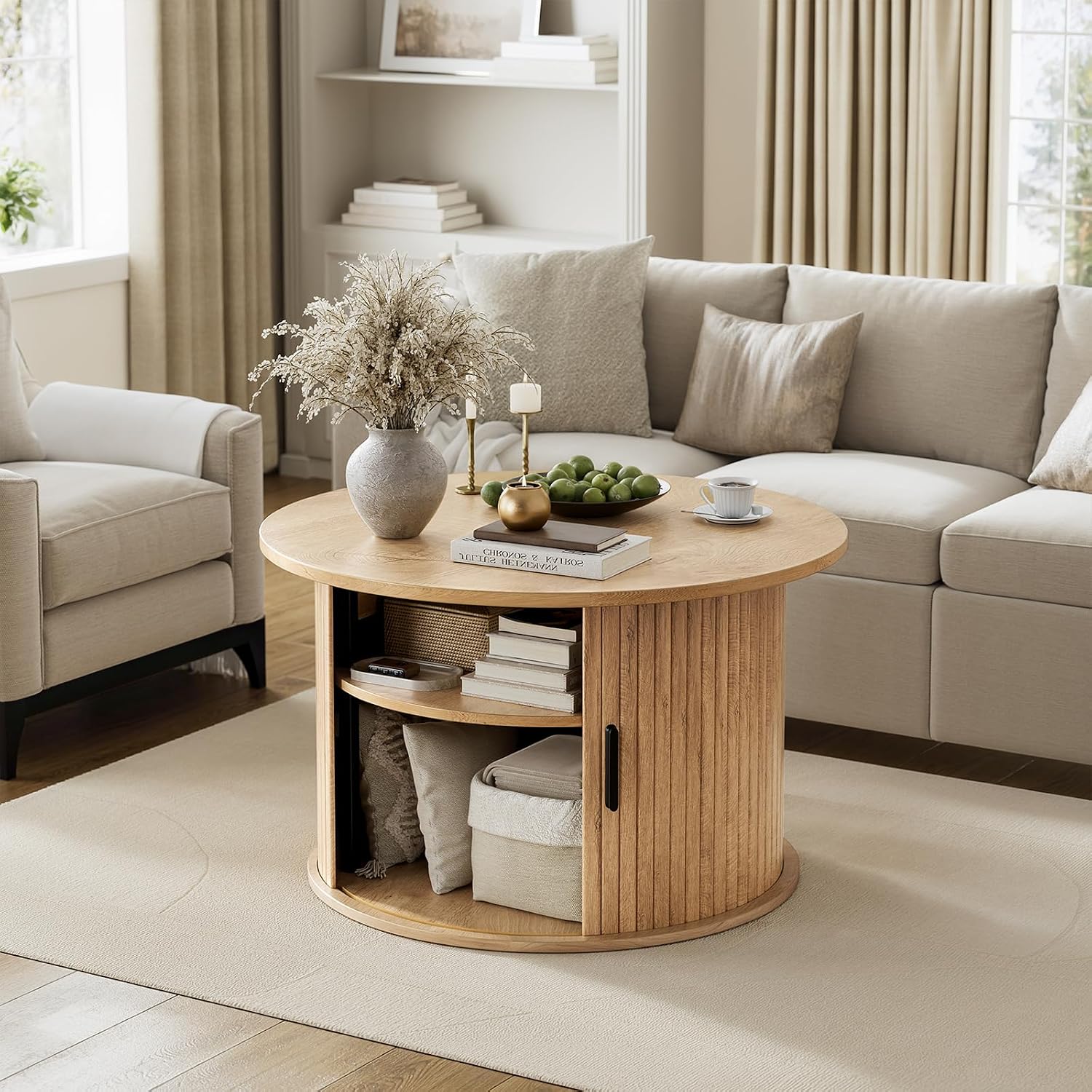 FABATO Round Lift Top Coffee Table, Fluted Wood Accent Coffee Table with Hidden Storage and Open Shelves, Drum Table with Sliding Rolling Door, Small Center Table Dining Table for Living Room, Wood