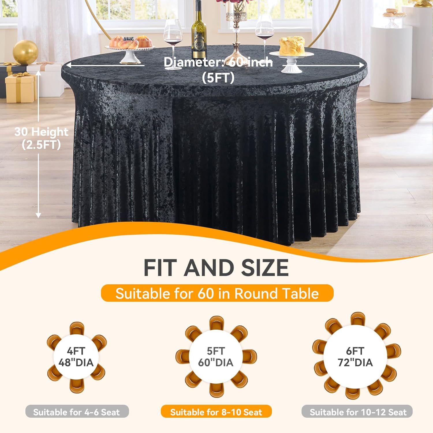 Outpain 6Pack 60 Inch Round Velvet Tablecloths - 120 Inch Stretch Spandex Table Cover with Floor-Length Skirt, Wrinkle-Free Luxury Elastic Table Cloths for Weddings,Banquets,Events (Black)