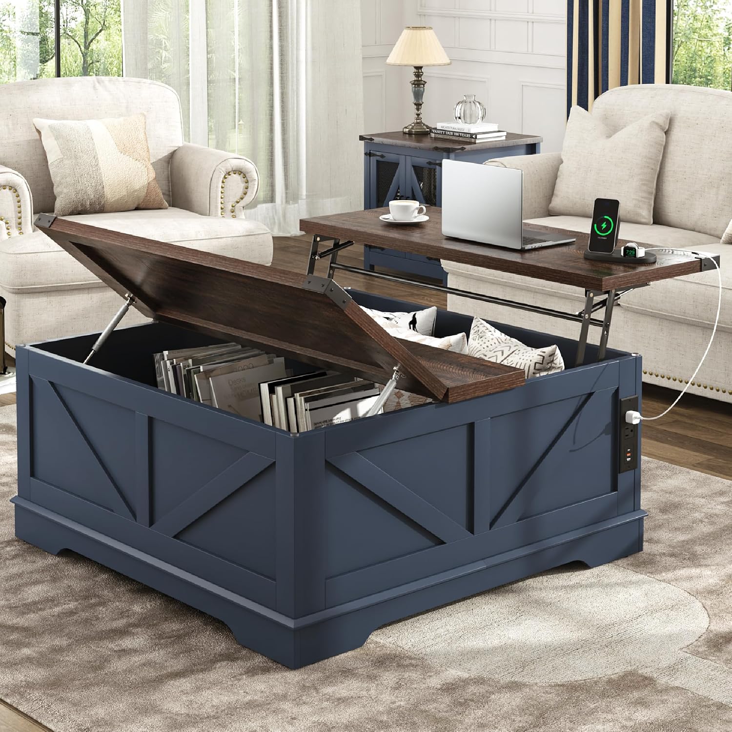 Hlivelood 40' Large Farmhouse Lift Top Coffee Table with Power Outlets and Large Hidden Storage, Square Wood Living Room Tables, Multi-Function Lift Wooden Barn Door Center Table, Blue
