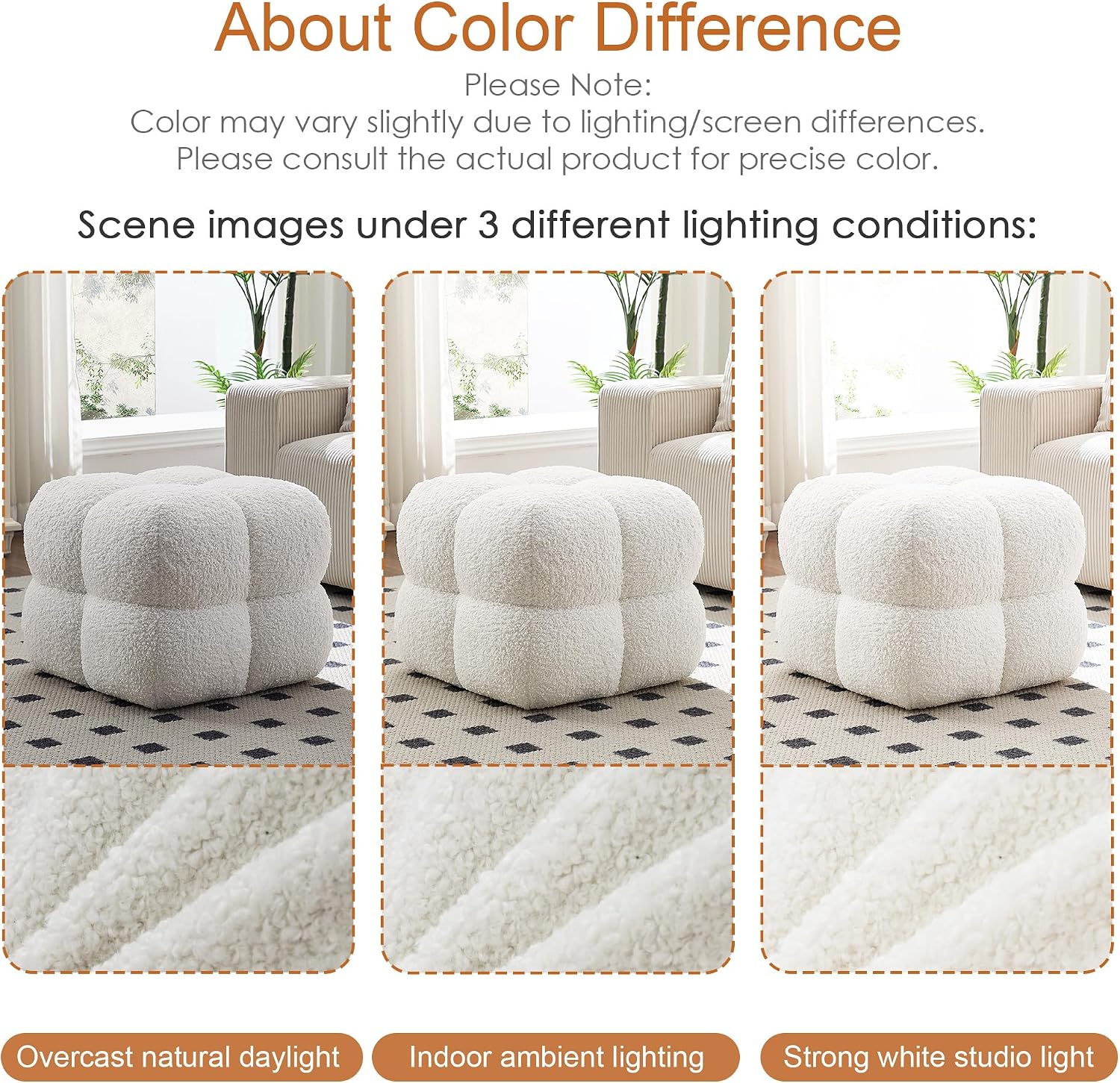 ONEVOG 21' Cream White Modern Ottoman, Square Fuzzy Couch Sherpa Pouf Ottoman, Tufted Fluffy Boucle Fabric Foot Stools, Upholsered Footrest & Coffee Table for Living Room Bedroom, Cute Pouf Home Decor