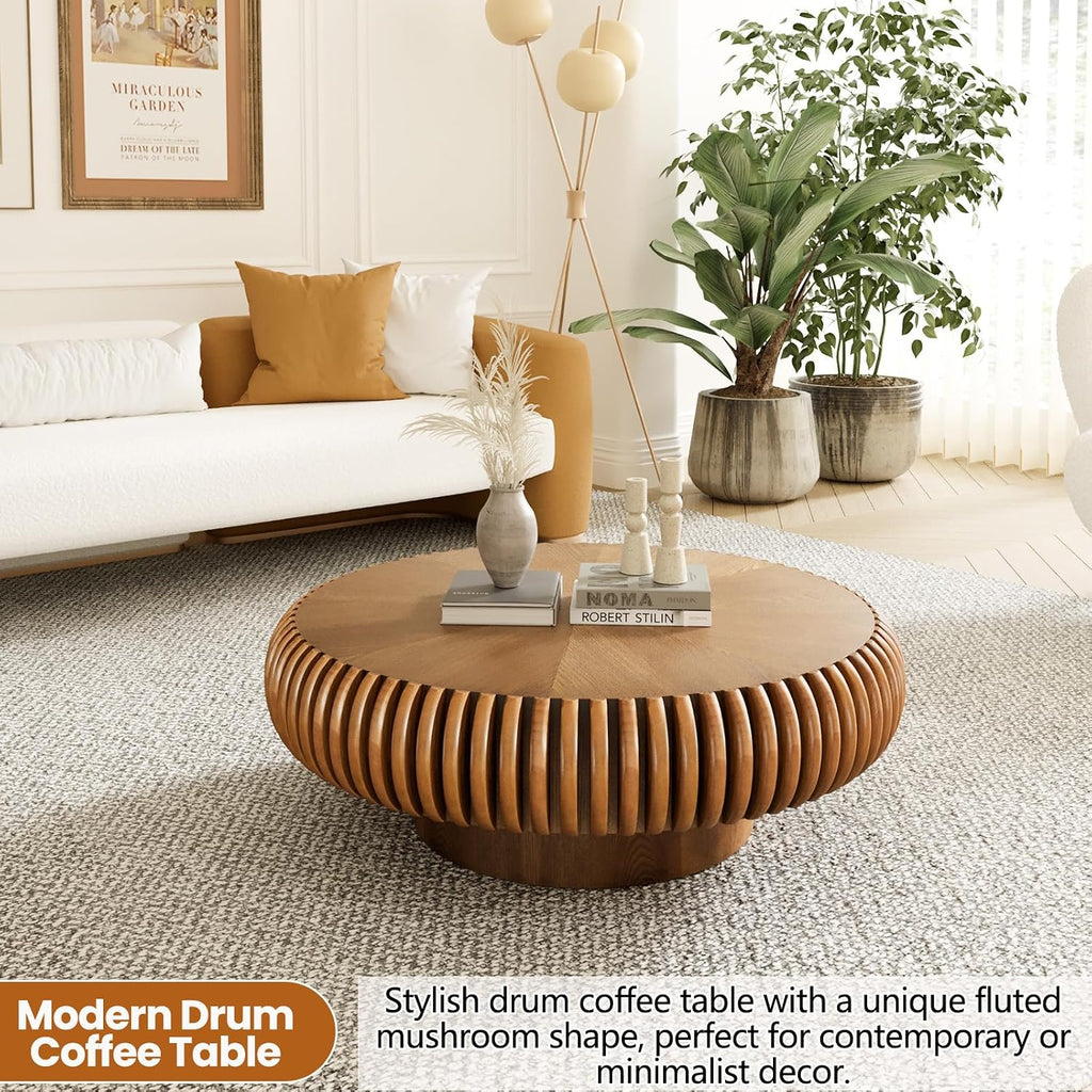 Round Drum Coffee Table with Sturdy Pedestal, Modern Wooden Fluted Coffee Table, Circle Center Table Accent Tea Table for Living Room Apartment Office Reception Room (Brown D31.5)
