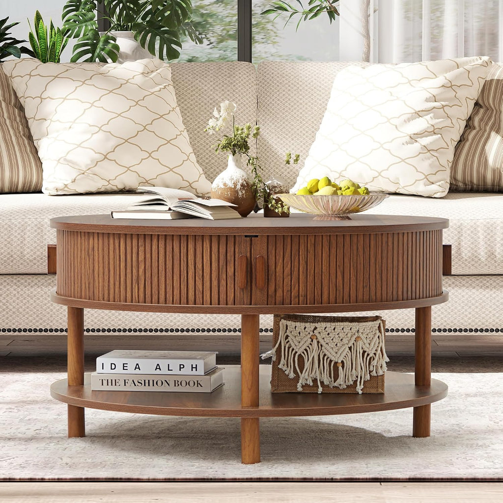 RARZOE 31.5' Round Coffee Table with Storage, Wood Circle Coffee Table with Sliding Cabinet Doors, Fluted Dining Table Accent Center Table for Living Room Home Office Apartment, Walnut