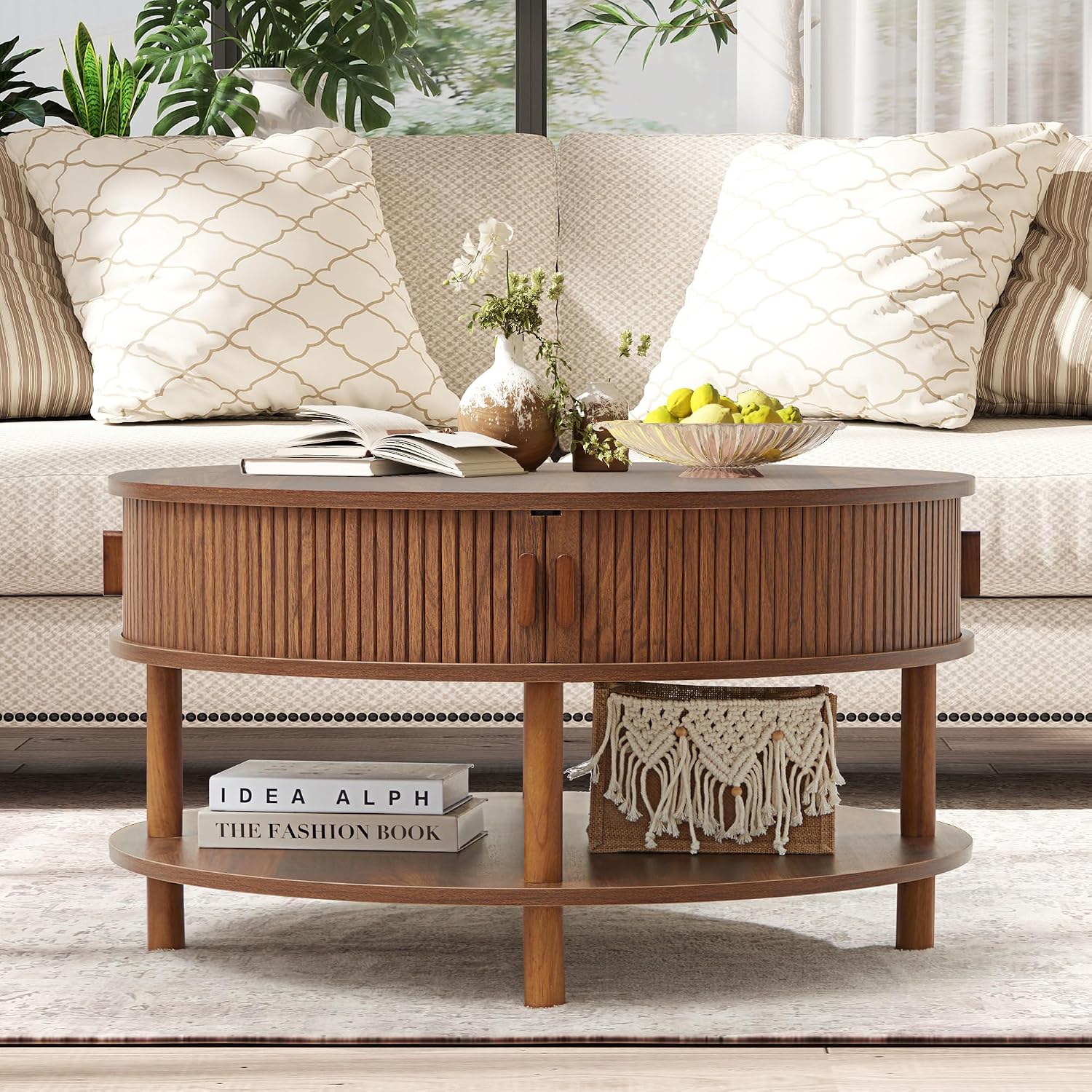RARZOE 31.5' Round Coffee Table with Storage, Wood Circle Coffee Table with Sliding Cabinet Doors, Fluted Dining Table Accent Center Table for Living Room Home Office Apartment, Walnut