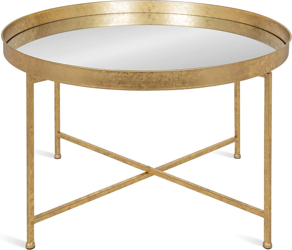 Kate and Laurel Celia Metal Foldable Round Accent Coffee Table, 28.25' x 28.25' x 19', Mirrored Surface and Gold Frame, Modern Minimalist Design and Detachable Magnetic Tabletop